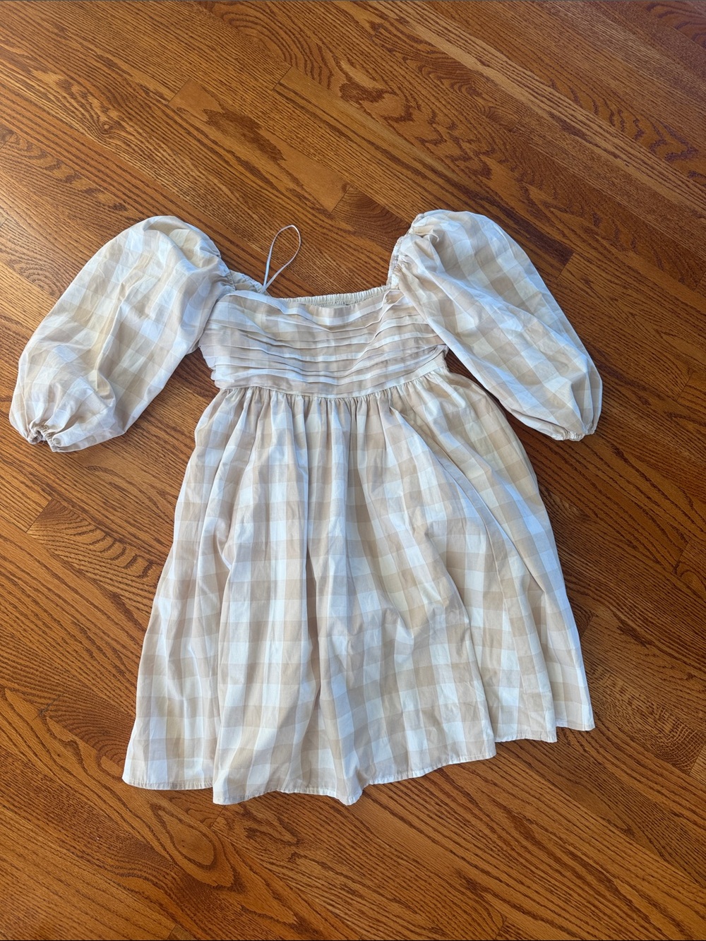 Abercrombie Beige & White Gingham Puff-Sleeve Dress